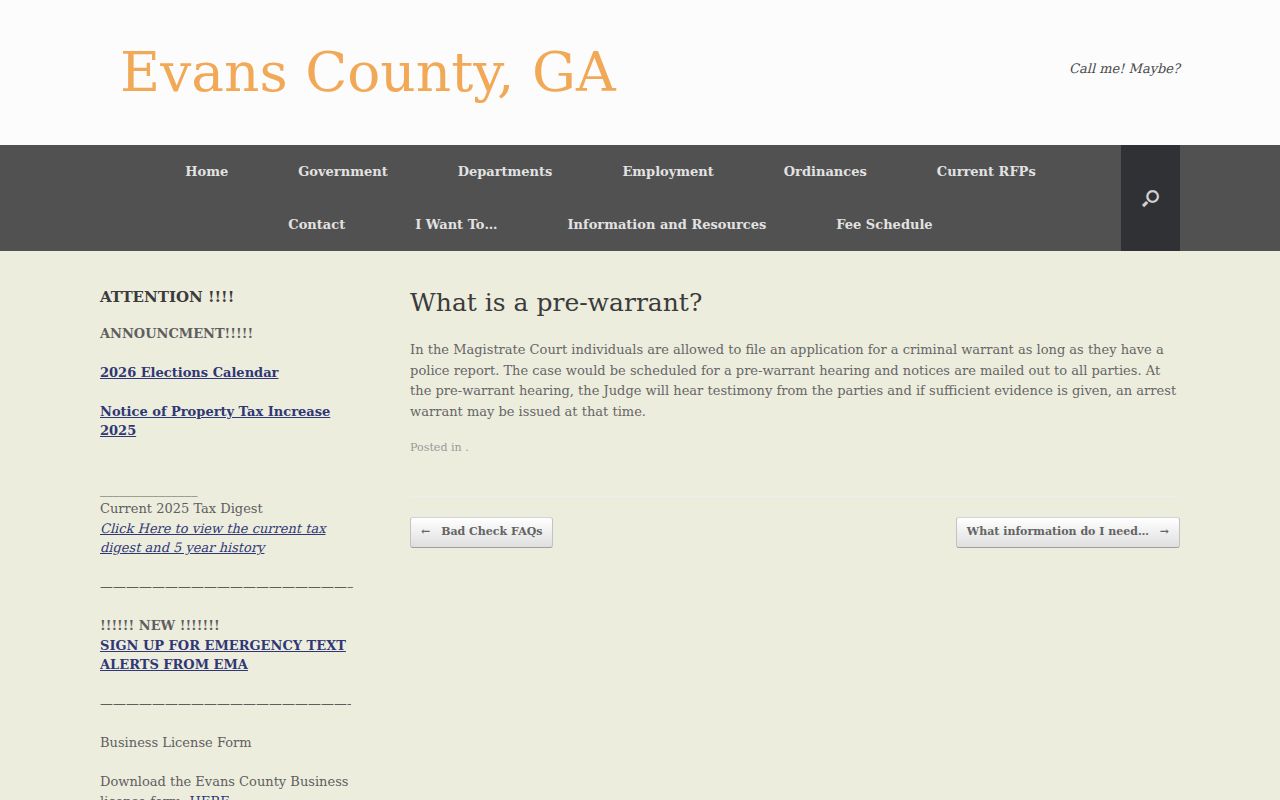 Evans County warrant records pre-warrant hearing process