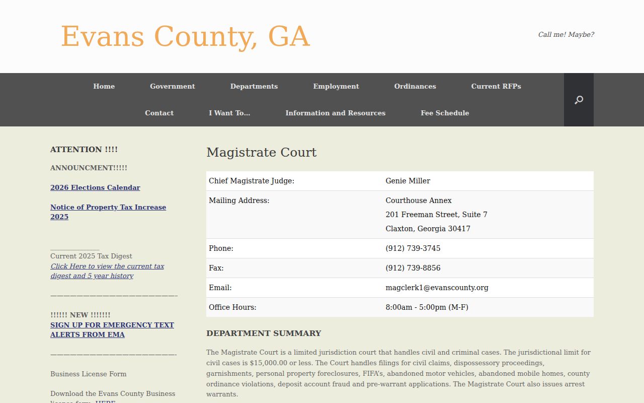 Evans County warrant records Magistrate Court contact